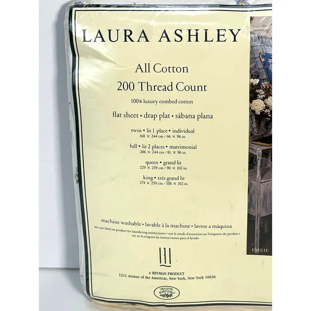Vtg Laura Ashley Emilie Twin Flat Sheet Blue Yellow Floral Cotton Deadstock NIP
